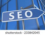 SEO - Search Engine Optimization - illustration with street sign in front of office building.