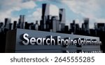 SEO, Search Engine Optimization - metal cuboid and skyscrapers - 3D illustration