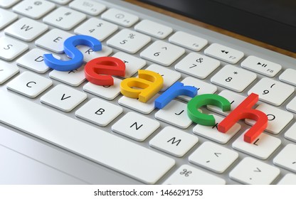 SEO Symbol  On The Keyboard Of A Latop, 3d Rendering,conceptual Image. Online  Google And Search Concepts.