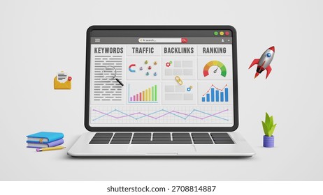 SEO Tools, Search Engine Optimization, Top Search Results, improve Website Traffic, Keywords Strategy, Building Backlinks concept. 3D Laptop with Web Performance Tracking Page