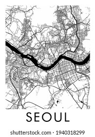 Seoul city map poster. Minimalist map of South Korea. The transport system of the city. Includes properly grouped map features (water objects, railroads, roads, etc).