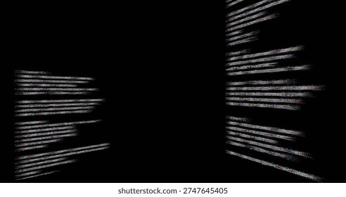 Separating central dark void dividing glitch panels in dim digital corridor, showing RGB fringing. Abstract, artifact, noise, raster, chromatic, aberration, bisected