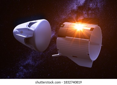 Separation Of The Descent Capsule From A Private Spacecraft In Space. 3D Illustration.