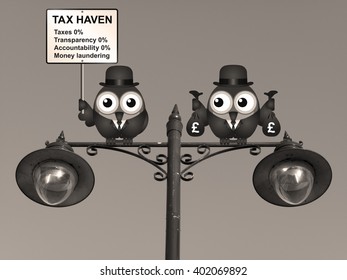 Sepia Bird Businessman Holding Bags Of Money Deposited In A Tax Haven Paying No Tax And Shrouded In Secrecy UK Version