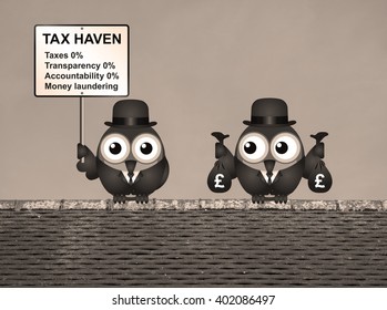 Sepia Bird Businessman Holding Bags Of Money Deposited In A Tax Haven Paying No Tax And Shrouded In Secrecy UK Version