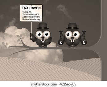 Sepia Bird Businessman Holding Bags Of Money Deposited In A Tax Haven Paying No Tax And Shrouded In Secrecy UK Version