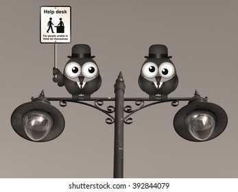 Sepia comical Help Desk sign with birds perched on a lamppost