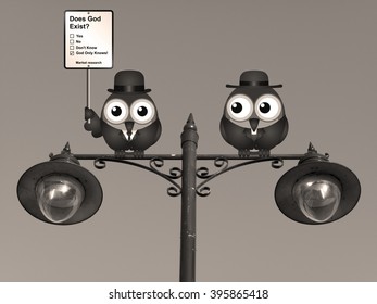 Sepia comical market research does God exist sign with birds perched on a lamppost