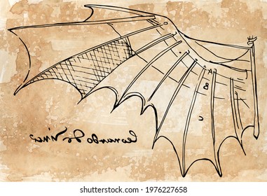 Sepia Digital Illustration Of Leonardo Da Vinci Wing Sketch From The Flight Code With His Famous Left-handed Signature