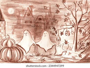 Sepia pencil drawing the couple ghosts and the ghost cat heading to the pumpkins in the night  Cute   funny illustration for Halloween holiday  perfect for kids