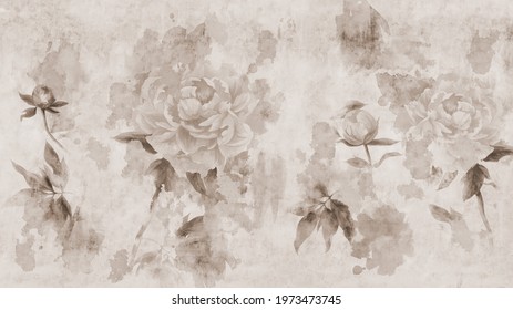 Sepia peonies flowers painted on a concrete grunge wall. Photo wallpaper, wallpaper, mural, card, postcard design in the modern, loft style.