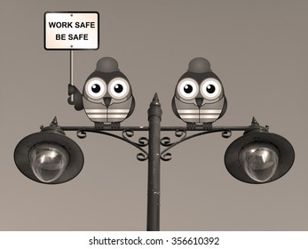 Sepia work safe be safe health and safety message with construction worker birds wearing personal protection equipment perched on a lamppost