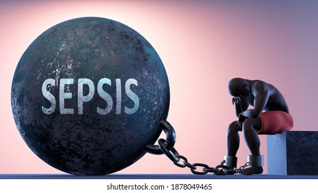 Sepsis as a heavy weight in life - symbolized by a person in chains attached to a prisoner ball to show that Sepsis can be a sorrow, brings suffering and it is a psychological burden, 3d illustration