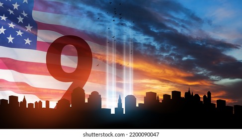 September 11 Tribute In Light Art Installation In The Lower Manhattan New York City Skyline At Sunset With USA Flag And Birds Flying Up Like Souls. 9.11 Date Concept. American Patriot Day Banner.