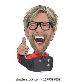 September 14, 2018 Caricature Of Jurgen Klopp An Football Managers Portrait Drawing Illustration.