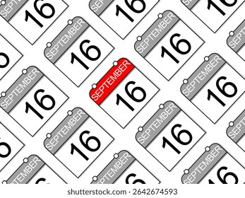 September 16. Patterned background of gray tilted daily calendars. One contrasts in the middle of the image. Mexican War of Independence