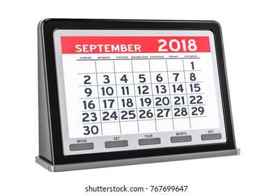 September 2018 Digital Calendar, 3D Rendering Isolated On White Background