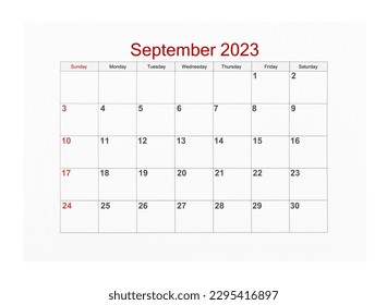 September 2023 Calendar page for 2023 year isolated on white background, Save clipping path. - Powered by Shutterstock