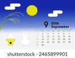 September 2024 calendar with rabbits, dumplings, and Susukino looking up at the night sky