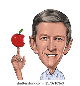 September 3, 2018 Caricature Of Tim Cook CEO Apple American Businessman Portrait Drawing Illustration.