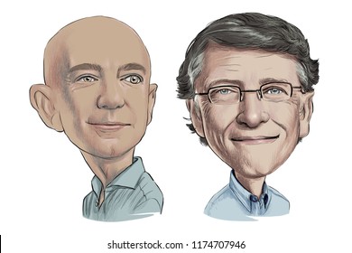 September 9, 2018 Caricature of Bill Gates  Somalia, Jeff Bezos CEO Amazon Businessman Millionaire Portrait Drawing Illustration.