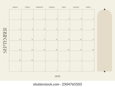 September calendar and monthly planner, layout featuring a grid format for productivity and organization