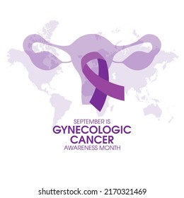 September is Gynecologic Cancer Awareness Month illustration. Purple awareness ribbon, ovaries and world map silhouette icon. Female reproductive system symbol. Important day - Powered by Shutterstock