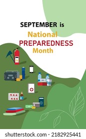 September Is National Preparedness Month, Illustration With Tools Composition And Emergency Plan Icons. Copy Space