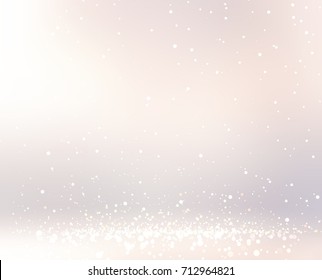 Sequins on floor in pastel beige room 3d illustration. Sparkling white snow pattern. Glitter subtle blurred background. Winter abstract shimmer background.