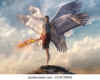 A Seraph Flies Just Above A Rock Before The Cloud Filled Heavens. It Holds A Flaming Sword And Wears Armor. The Seraphim Are A Six Winged Angel Of Judaism, Christianity, And Islam. 3D Rendering