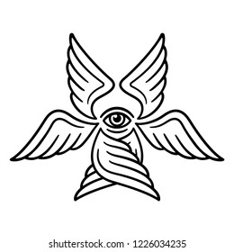 Seraphim, Six-winged Angel From Bible Book Of Revelation. Stylized Seraph Illustration For Tattoo Design, Black And White Line Art.