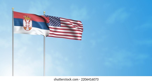 Serbia Flag With USA Flag, 3D Rendering With A Cloudy Background