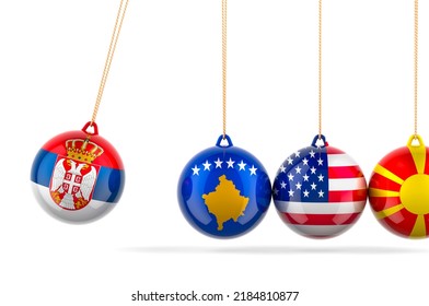 Serbia, Kosovo, USA, Macedonia Conflict. Newtons Cradle, Pendulum. 3D Rendering Isolated On White Background