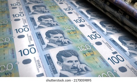 Serbian Dinar Money Printing 3d Illustration. RSD Banknote Print. Concept Of Finance, Cash, Economy Crisis, Business Success, Recession, Bank, Tax And Debt In Serbia.