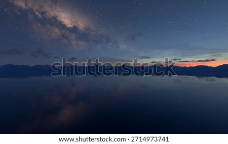 A serene 3d Rendering of a starry night over a mountain range, mirrored on a tranquil lake.