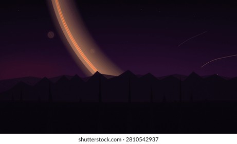 A serene alien landscape features a massive ringed planet dominating a deep purple twilight sky above silhouetted jagged mountains and sparse spire-like trees