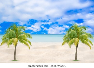 Serene beach scene, coconut trees, clear blue sky, tropical paradise - Powered by Shutterstock