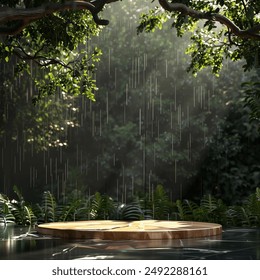 A serene forest scene with a wooden podium in the rain, surrounded by lush greenery. Sunlight filters through the leaves, creating a natural spotlight and a sense of freshness and calm. - Powered by Shutterstock