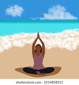 Serene illustration of a woman practicing yoga on a sandy beach, facing the turquoise ocean. Perfect for relaxation, wellness, and mindfulness-themed projects - Powered by Shutterstock