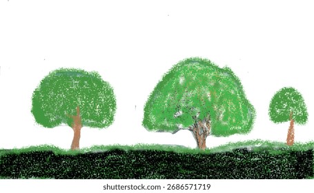 A serene landscape featuring three trees in a green meadow, crafted with a soft, sketchlike style, inviting viewers to feel the tranquility of nature.