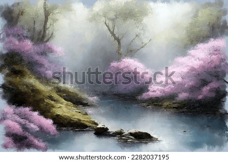 Serene landscape with pink sakura cherry trees in full blossom on the river shore in lush japanese spring garden. My own impressionist digital art painting illustration.