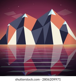 A serene low poly landscape featuring geometric snow capped mountains reflecting in calm water under a starry twilight sky