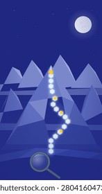 A serene low-poly nightscape with a glowing hexagonal path winding up a geometric mountain under a full moon and scattered stars.