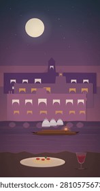 A serene moonlit night scene featuring a stylized coastal town with illuminated windows under a glowing full moon, accompanied by a small boat carrying three figures and a foreground plate of pasta with a glass of red wine.