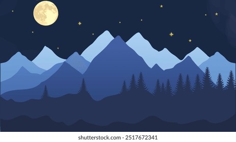 A serene mountain landscape at night featuring layers of towering peaks, a glowing full moon, and a sky dotted with stars, with a foreground of pine trees silhouetted against the soft blue hues of the - Powered by Shutterstock