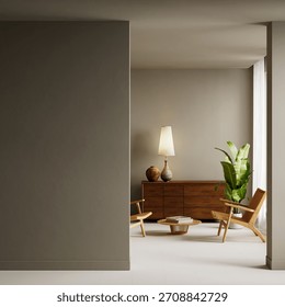 A serene negative space setup with a large empty wall, tropical indoor plant, rattan-textured chair, and low table enhanced by soft natural light and neutral tones. 3D illustration