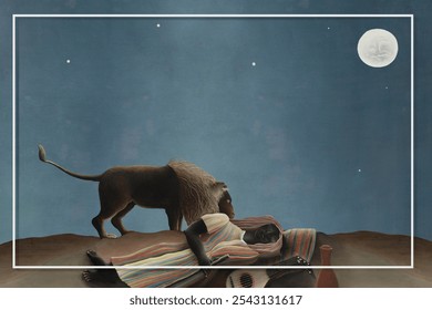 A serene night scene featuring a lion and two individuals, a Black man and woman, resting under a moonlit sky. The lion symbolizes strength, while the couple embodies peace and harmony. - Powered by Shutterstock