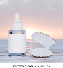 A serene ocean backdrop with cosmetic bottles and seashells, ideal for showcasing skincare, spa, or beauty products. - Powered by Shutterstock