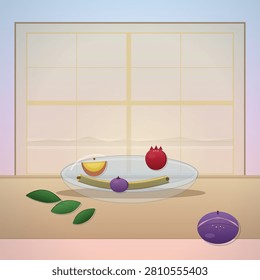 A serene still life composition featuring a transparent glass dish with stylized fruits and leaves arranged on a wooden surface against a softly lit window with a pastel gradient sky.