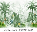 Serene Tropical Oasis: A Lush Jungle Mural with Exotic Birds